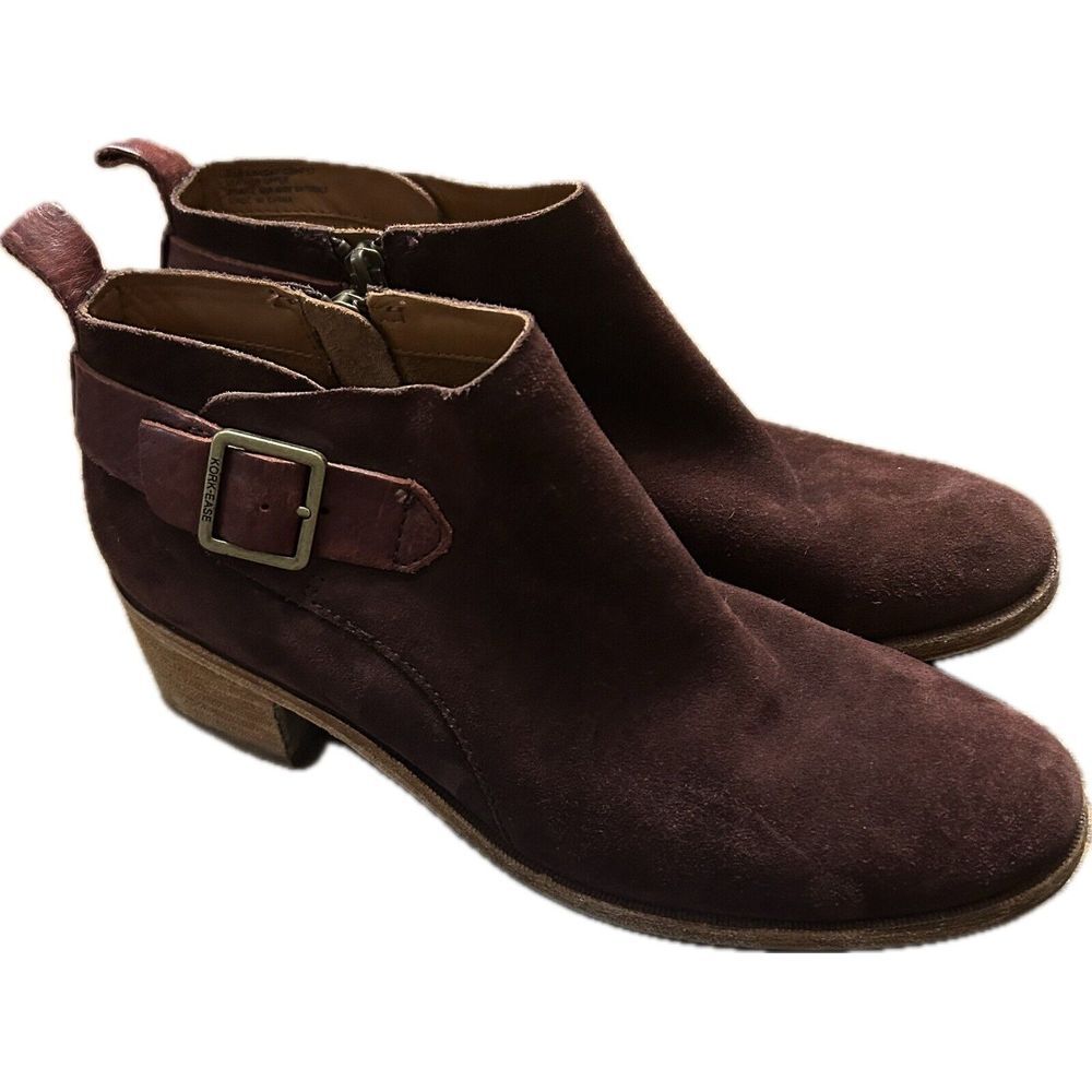Kork-Ease 8.5 Women's Leather Suede Booties Stacked Heel Ankle Boots‎ Burgundy